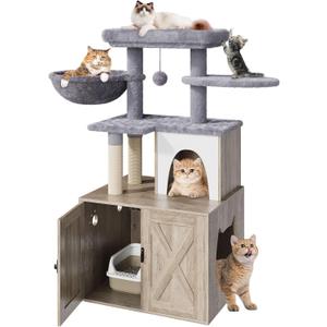 Litter Box Enclosure with Cat Tree, Cat Tree with Litter Box Enclosure, Hidden Pet Washroom Furniture with Sisal Scratching Post, Hammocks, Condo, Multiple Platform, Soft Plush Perch, Grey