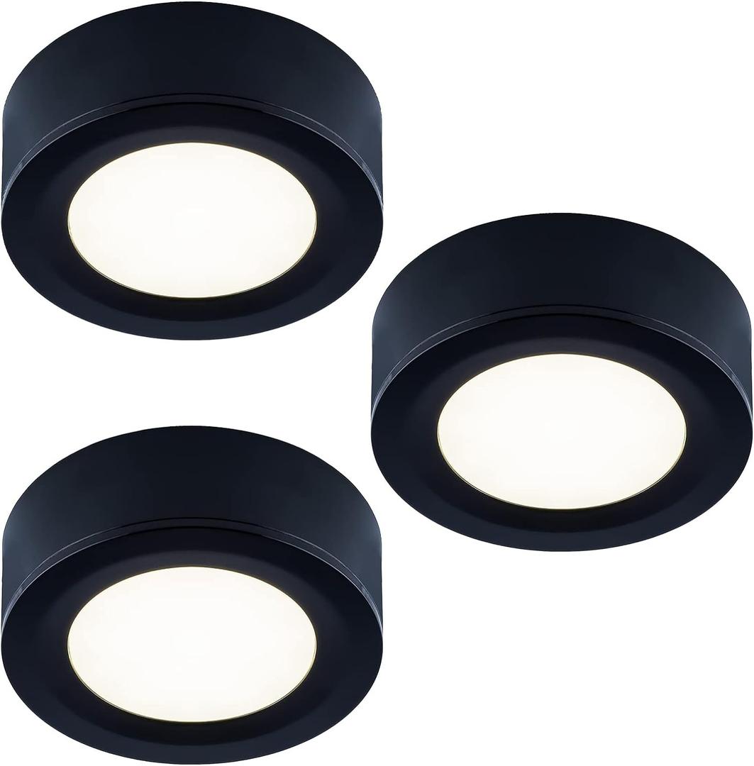 LUMILAND Wired LED Puck Lights 120V (2.7Wx3) Plug-in Lighting Warm White, LED Cabinet Light for Kitchen Can Be Surface Mount or Recess Mount, Black (3000K)