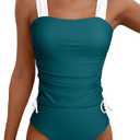 Aleumdr Womens Retro Ruched Two Piece Strappy Tummy Control Swimwear Tie Side Tankini Bathing Suit Set, Size L