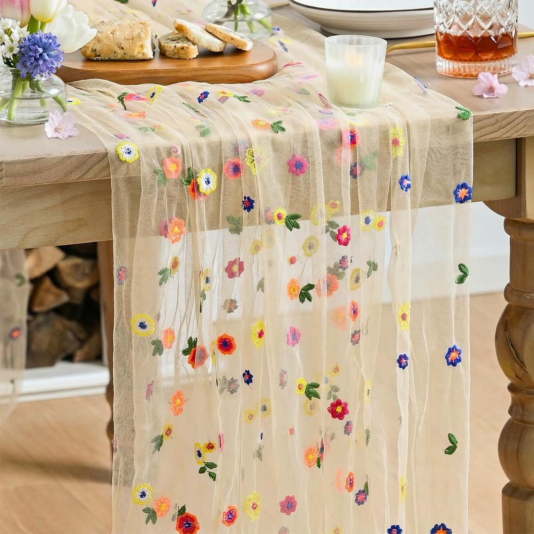 Artoid Mode Champagne Embroidery Daisy Gauze Table Runner 120 Inch 10FT, Seasonal Sheer Kitchen Dining Holiday Wedding Birthday Table Decor for Home Party, 27" x 120"