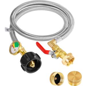 Propane Tank Adapter for 1 lb. Tanks,Upgrade 3 FT/36inch Propane Tank Refill Adapter Stainless Steel Hose with Gauge and ON-Off Control Valve, Fits QCC1 / Type 1 Propane Tank, 2 Caps Included