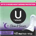 U by Kotex Clean & Secure Overnight Maxi Pads with Wings, Extra Heavy Absorbency, 48 Count (2 Packs of 24)