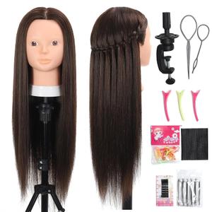 26 Inch Mannequin Head 80% Real Human Hair Styling Mannequin Doll Head Human Hair for Hairdresser Practice Hair and Makeup With Free Clamp (#4 No Makeup) (#4 Dark Brown)