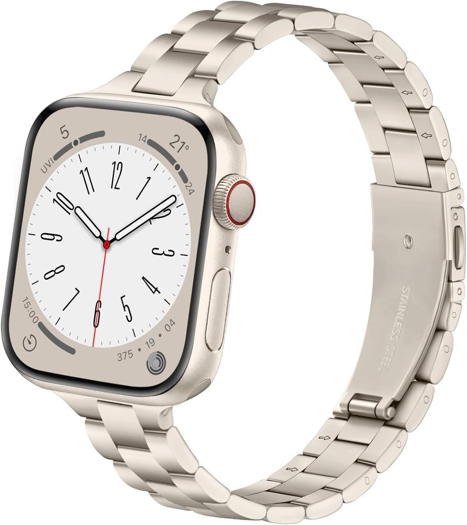 Lenrao Thin Stainless Steel Bands Compatible with Apple Watch 38mm 40mm 41mm 42mm 44mm 45mm 46mm for Women, Metal Straps for iWatch Series 11 10 9 8 7 6 5 4 3 2 1 SE (Starlight)
