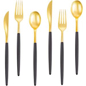 Rubtlamp 96 Pcs Gold Disposable Silverware, Plastic Cutlery, Gold Utensils Plastic with Black Handle Include 32Forks, 32Spoons, 32Knives for Party