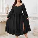 SCOMCHIC Womens Plus Size Wedding Guest Cocktail Dress Sweetheart Neckline Long Sleeve Smocked Ruffle Slit Maxi Dresses (Black, XL)