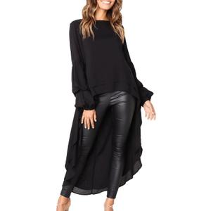 PRETTYGARDEN Women's Lantern Long Sleeve Round Neck High Low Asymmetrical Irregular Hem Casual Tops Blouse Shirt Dress (Black, L)