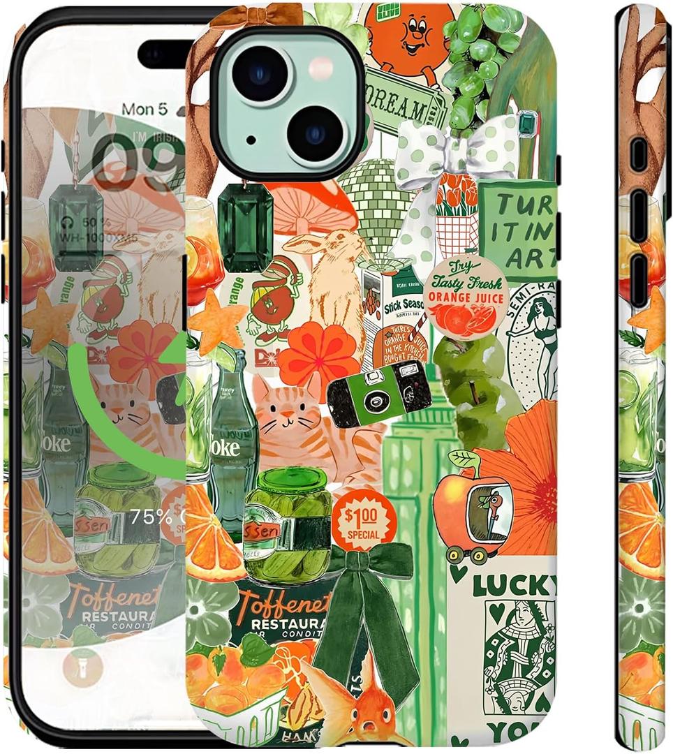 Compatible for iPhone 15 Case Compatible with Magsafe Green Collage Cute Bow Cat Aethetic Vintage Funny 2-in-1 Layer Rugge Shockproof Anti-scratch Phone Case for iPhone 15 Women Grils Men Boys