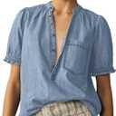 Locachy Women's Half Button Mock Neck Denim Shirt Casual Puff Short Sleeve Denim Blouse Top (Blue, L)