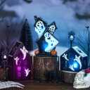 15 Pcs Lighted Ceramic Halloween Village Accessories Set Spooky Houses Miniatures Include 3 LED Ceramic Halloween Haunted Houses 2 Birch Tree 8 Pine Tree and 2 Streetlamps Tabletop Ornament for Table