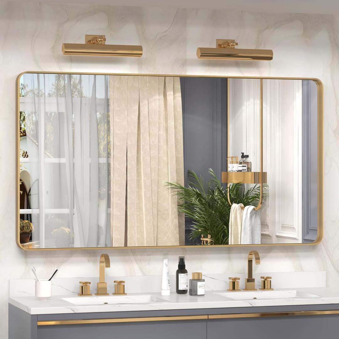 55x30 Gold Bathroom Mirror, Brushed Metal Frame Gold Vanity Mirror, Large Rectangle Mirror for Wall, Rounded Corner, Shatterproof, Anti-Rust (Horizontal/Vertical)