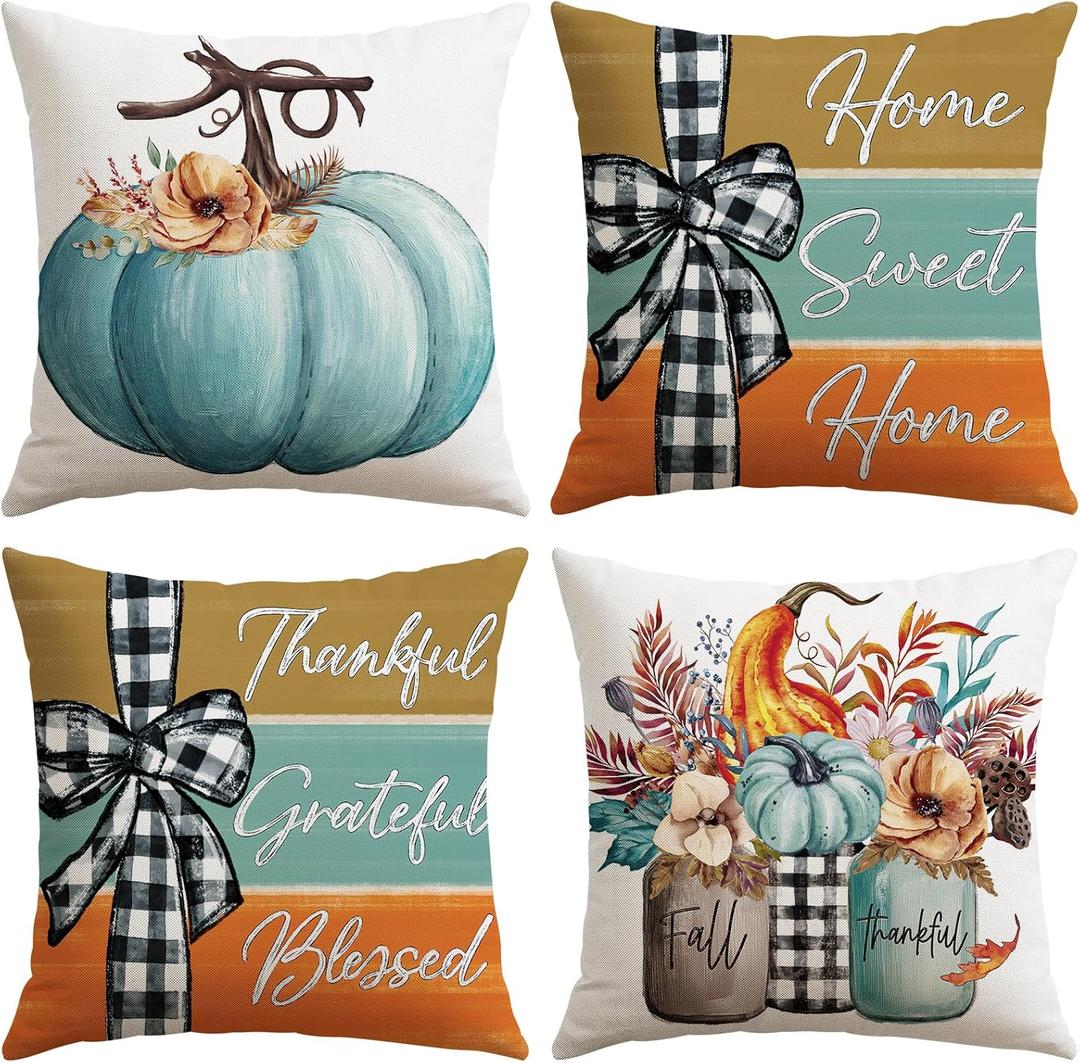 Artscope Fall Decorative Throw Pillow Covers 16x16 Inch Set of 4 Fall Gifts for Home Decor, Autumn Pumpkin Sweet Home Thankful Grateful Blessed Outdoor Farmhouse Pillow Cases for Sofa Couch-Blue