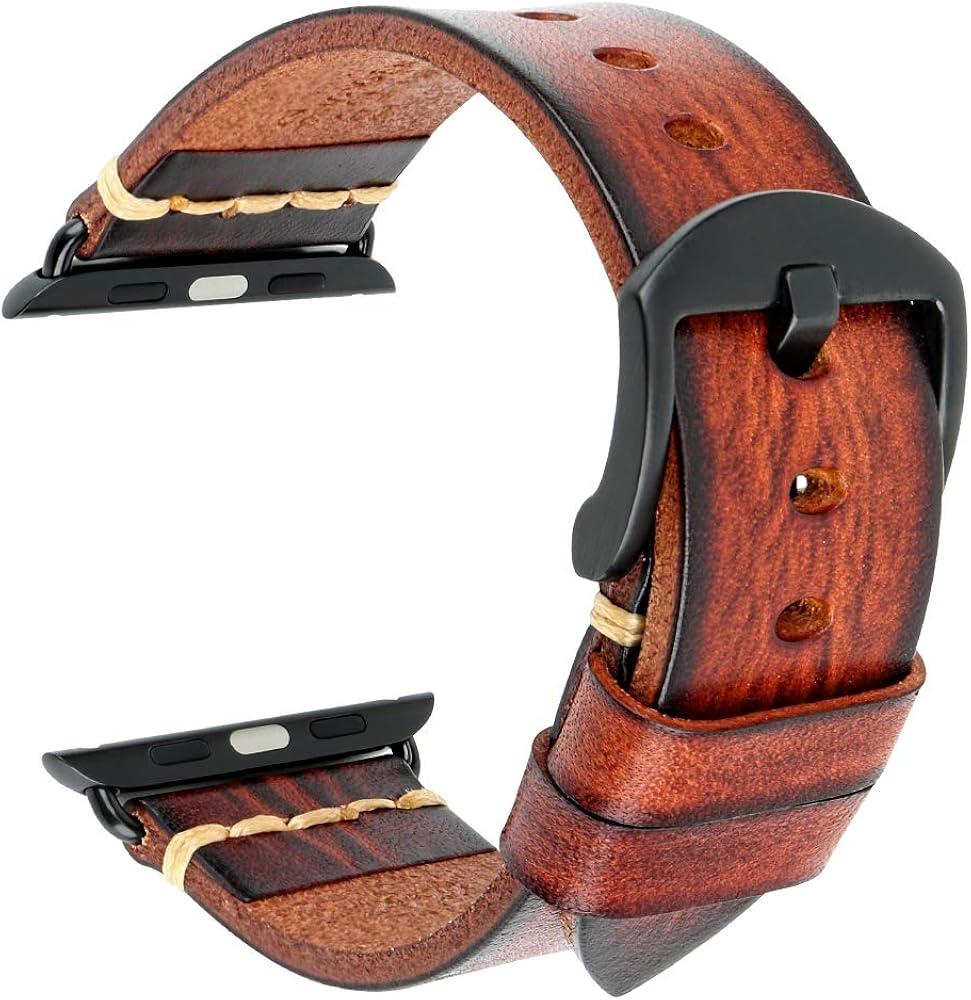 REZERO Smartwatch Bands Compatible with Apple Watch, Vegetable Tanned Leather Watch Straps, Watch Bands Replacement for iWatch Series 10/9/8/SE, 38/40/41/42/44/45/46/49mm for Men, Women (Light Brown+Black Buckle)