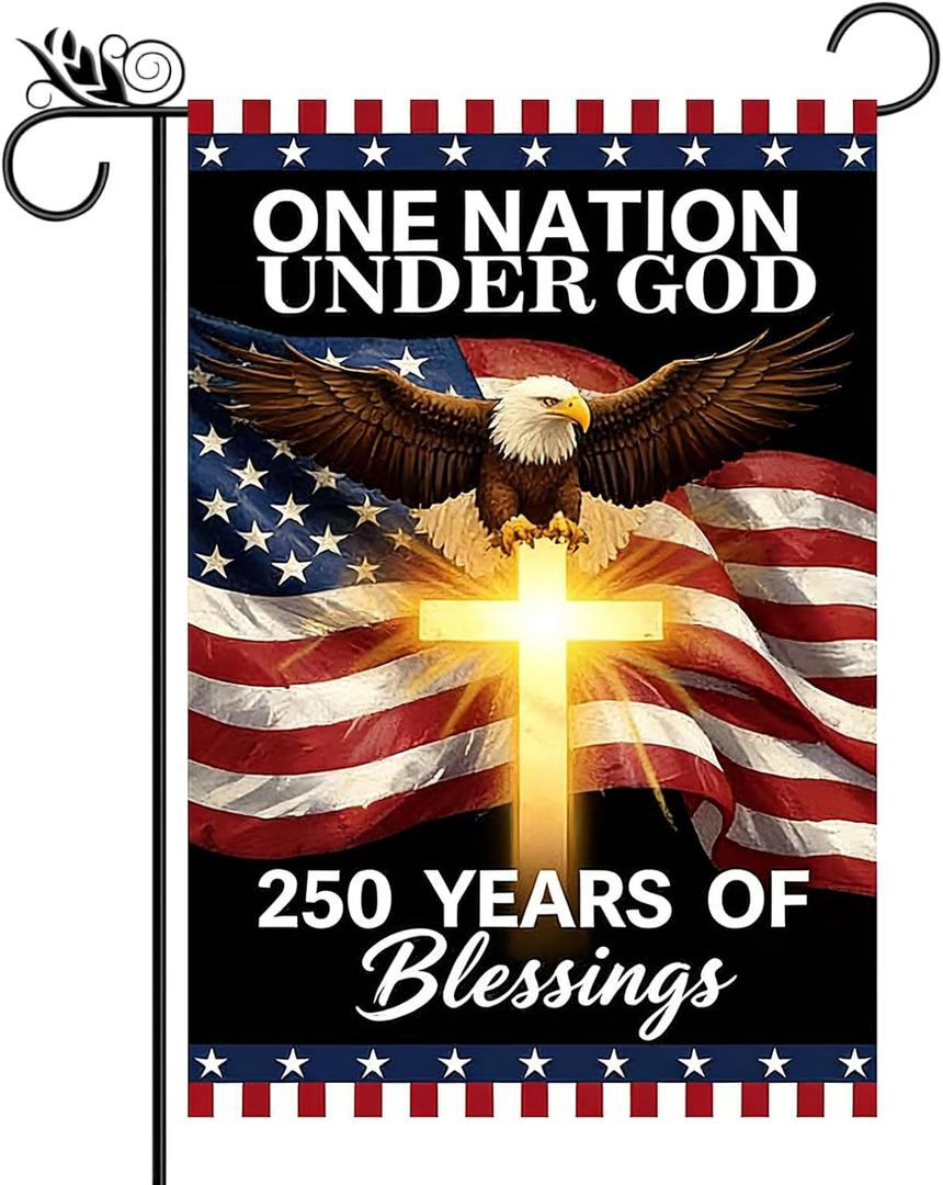 250th Anniversary 4th of July Garden Flag, Patriotic Religious American Eagle Cross Pattern Double Sided Yard Flag, 12x18 Inch Outdoor Decor for Independence Day Lawn Patio Home