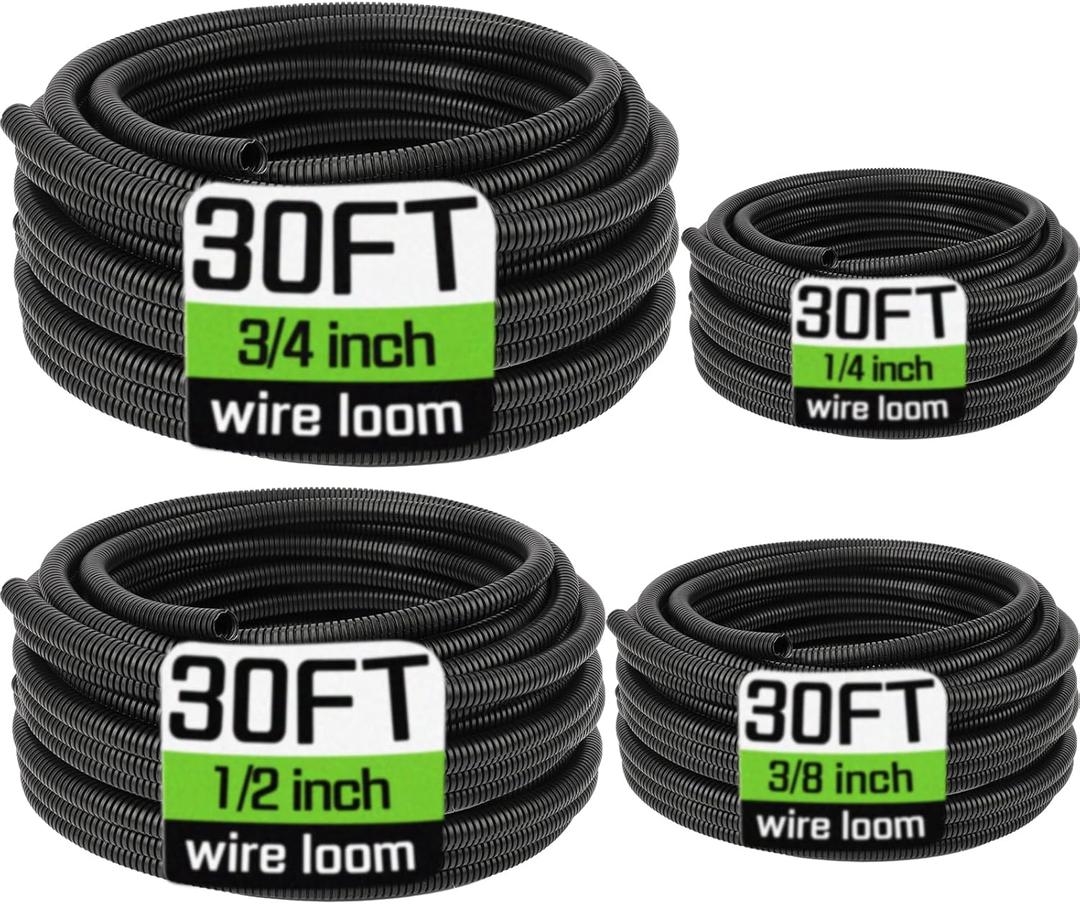 Wire Loom 1/4", 3/8", 1/2", 3/4 Inch x 30 FT, Split Wire Loom Tubing Wire Conduit, Cable Sleeves Bulk Flexible Electrical Conduit Protective kit, Black