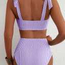 Herseas Women's Tie Shoulder Bikini Sets 2 Piece Striped Swimsuits High Waisted Bathing Suits (Purple, XL)