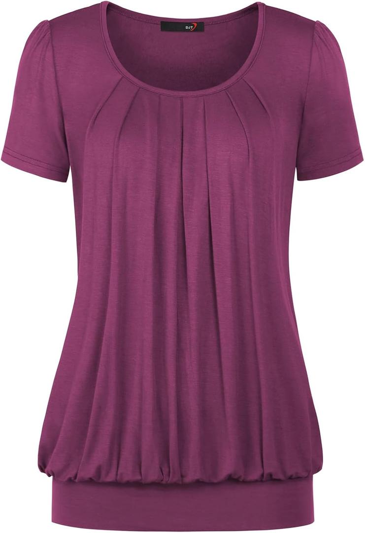 DJT Women's Summer Tops Short Sleeve Pleated Front Dressy Casual Loose Blouse T Shirts (Pink, XXL)