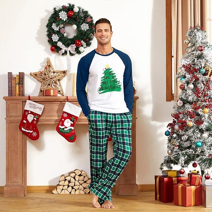 IFFEI Matching Family Pajamas Sets Christmas PJ's Letter Print Top and Plaid Bottom Sleepwear Jammies with Pockets (XX-Large, Green Tree)