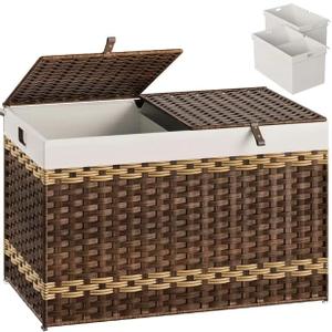 HOOBRO Storage Basket with Lid, 42.3 Gallon (160L) Wicker Storage Basket with 2 Separate Lid, Blanket Storage Bin with 2 Removable Liner Bags, for Bedroom, Laundry, Brown and Natural BR276CW01