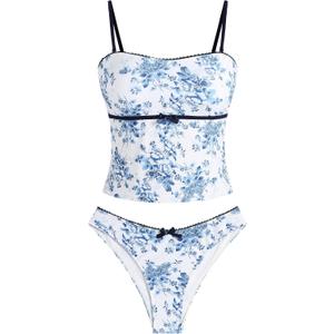 ZAFUL Tankini Swimsuits for Women Bow Tie Side Bathing Suits Tummy Control High Cut Two Piece Bikini Sets (XL)