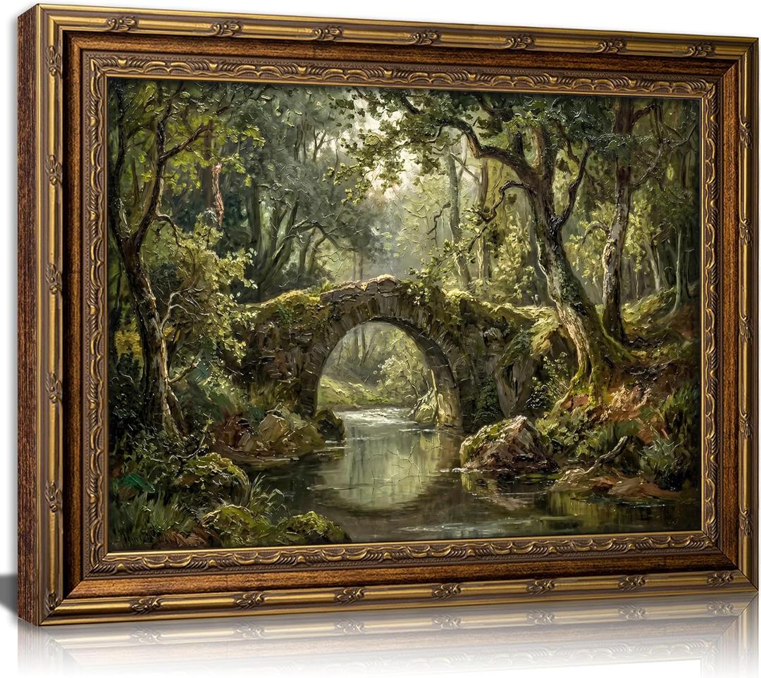 Vintage Gold Framed Landscape Wall Art Vintage Forest Painting Picture | Bridge Canvas Wall Decor River Painting Scenery Poster Print Artwork for Living Room Bedroom Home Decoration, Size: 24"L x 16"W