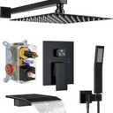 Shower System with Tub Spout, Wall Mounted Shower Faucet Set for Bathroom with 12 Inch Rain Shower Head and Handheld Shower Head Set, Matte Black