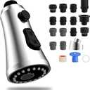Hibbent Pull Down Kitchen Faucet Head Replacement, 3-Function Kitchen Sink Spray Nozzle with 15 Adapters, Compatible with Moen, American Standard, Delta, Kohler Faucets, Chrome (Shiny Silver)
