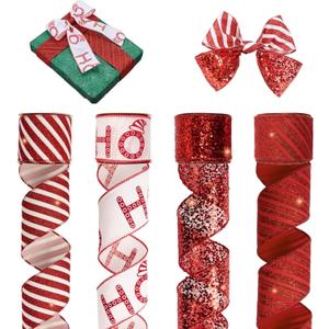 PAPER FAIR 4 Rolls 32 yd Red Glitter Candy Cane Christmas Wired Ribbon Set, 2.5 inch x 8yd Sequin Satin Burlap Ribbon for Xmas Tree Dcor, Gift Wrap Box, Bows, Wreath, Garland, Floral DIY Craft