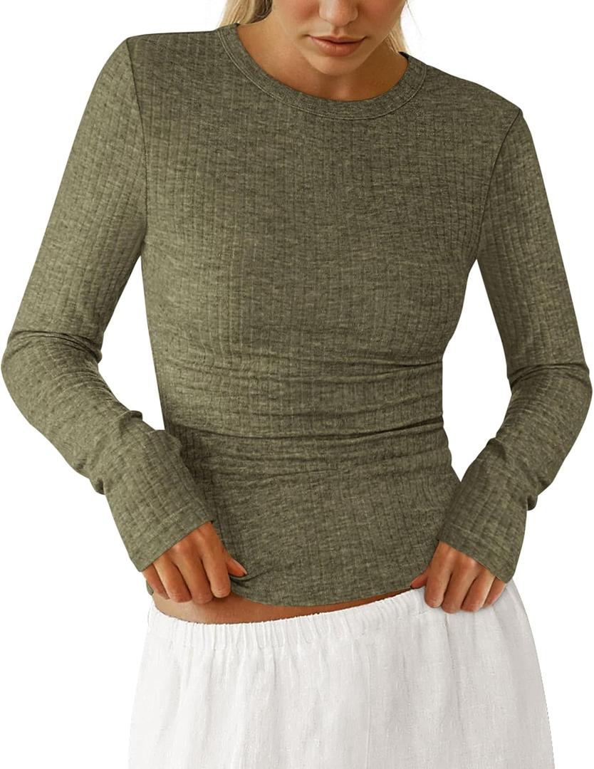 PRETTYGARDEN Womens Long Sleeve Shirts 2026 Ribbed Knit Slim Fitted Basic Tee Casual Going Out Tops Underscrubs Fall Clothing (Green, L)