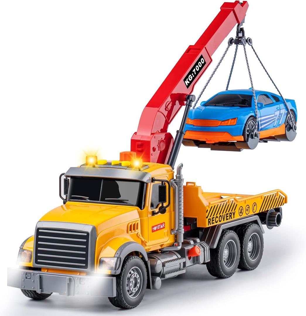 haomsj Big Tow Trucks Toy Trucks with Hook and Car for Boys Pull Back Truck Toys with Light and Sound for Kids (1:18 Plastic Tow Truck)