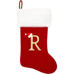 Eoocan 20 Inches Monogram Christmas Stockings Red Velvet with White Super Soft Plush Cuff Embroidered Xmas Stockings Classic Personalized Stocking Decorations for Family Holiday Season Decor(Letter R)