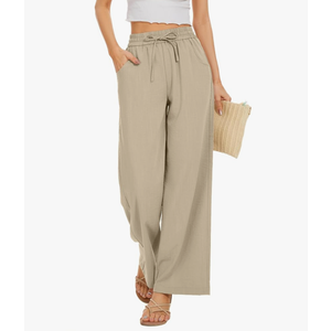 Women Flowy Pants Drawstring Waist Wide Leg Palazzo Beach Pants Loose Fit with Pockets S