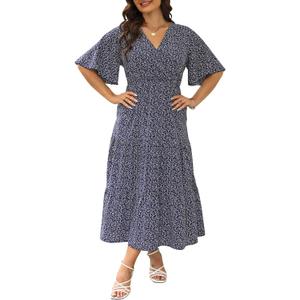 Plus Size Women Summer Boho Floral Tiered Midi Casual Dress with Pocket Short Sleeve V Neck(KEL6003, 18, Nblue White Fl)