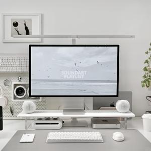 Bamboo Monitor Stand Riser with Acrylic Legs for Desk, 31.5 Inches Desktop Shelf Supports for PC Computer Monitor, Laptops, Printer, Speakers (White)