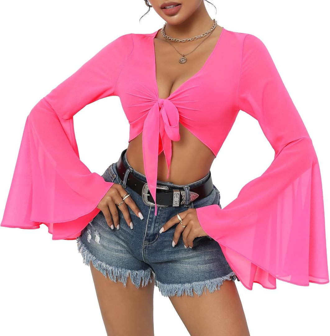 Mesh Tops for Women Bell Sleeve Rave Outfits Tie Front Crop Top Long Sleeve Shirt Sheer Blouse Festival, Small, Hot Pink
