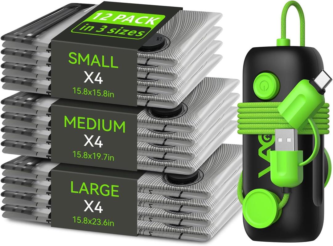 Vacuum Bags for Travel - USB Electric Pump, 12 Pack Carry-on Size Vacuum Seal Bags for Clothing - Space Saver Vacuum Storage Bags for Luggage, Travel Essentials.