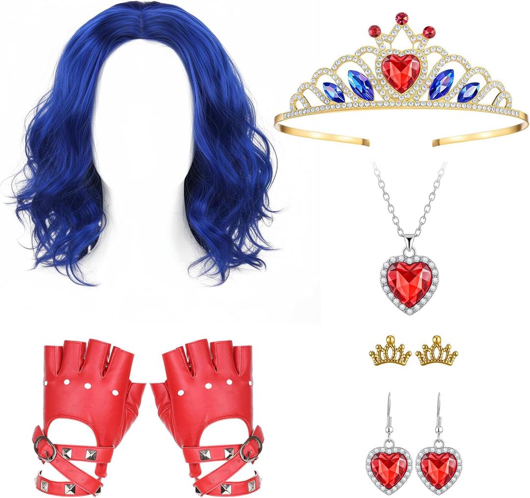 7 Sets Halloween Princess Costume Set Blue Wig Crown Heart Necklace Earring Gloves for Halloween Cosplay Accessories