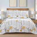 Floral Quilt Set - Queen Size Reversible Bedspread & Coverlet with Pillow Shams - Lightweight for Spring/Summer - Grey & Yellow