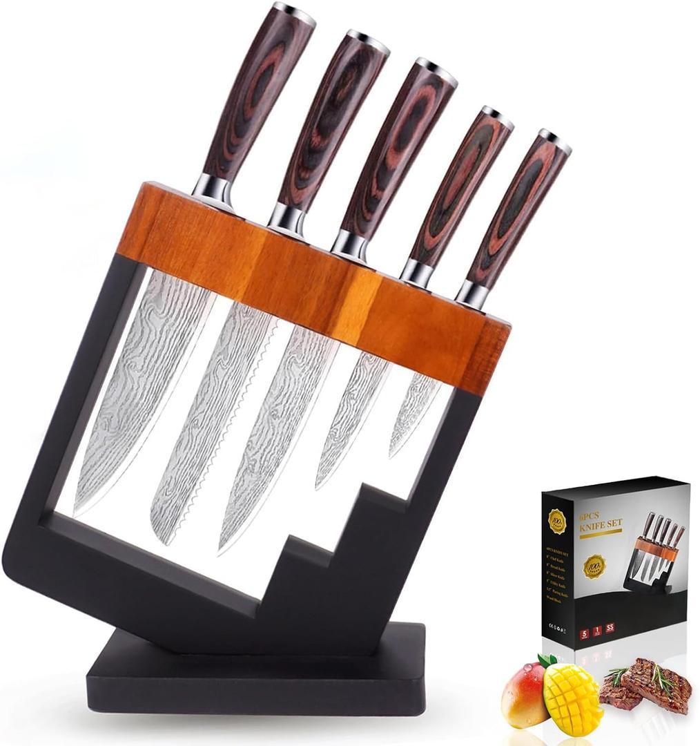 5 Piece Kitchen Knife Set with Block - High Carbon Stainless Steel Sharp Blade Chef Knives Sets with Ergonomic Wood Handle, Kitchen Knife Block Set for Home Cooking -5 (Ripple Texture)