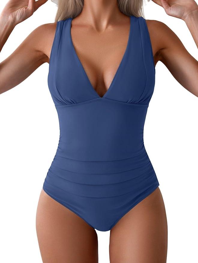 Eomenie One Piece Swimsuit for Women Tummy Control Plunge V Neck Bathing Suit Slimming Wide Straps Swimwear ,Blue , Size M