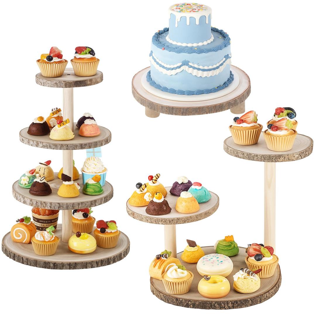 3 Pcs Wood Dessert Table Display Set,4 Tier Rustic Cupcake Stands, 1 and 3 Tier Natural Dessert Tower for Wedding Farmhouse Vintage Table Decor