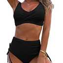 Fanuerg Women's Twist Front High Waisted Bikini Swimsuit Drawstring Tie Side Bottom Two Piece Bathing Suit, Size Large