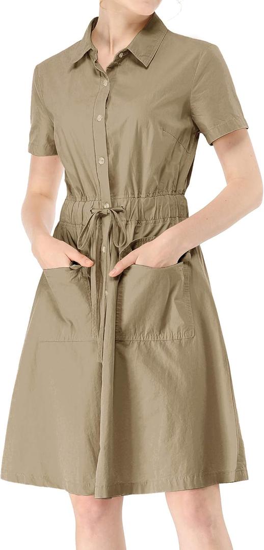 Allegra K Women's Button Down Shirt Dress Short Sleeve Casual Collared Cotton Drawstring Shirtdress Safari Dress X-Small