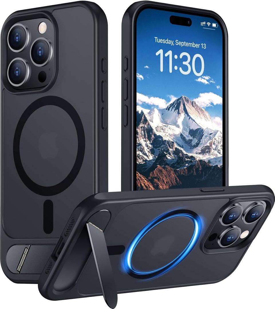 Temdan Magnetic Compatible with iPhone 15 Pro Max Case, [Built-in Invisible Kickstand][Compatible with MagSafe] [Military Grade Shockproof] Slim Translucent Matte Phone Case for iPhone 15 Pro Max 6.7" (Black)