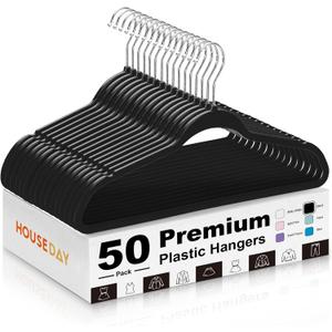 HOUSE DAY Black Plastic Hangers 50 Pack - Heavy Duty Non-Velvet Hangers with 360 Swivel Chrome Hook & Non Slip Notches - Slim Space Saving Clothes Hangers Ideal for Coats Shirts Jackets Dresses