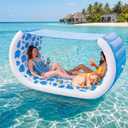 Giant Inflatable Pool Couch Float, 157" x 36" Extra Large Floating Island Raft, Cabana, Luxury Pool Lounger for 2 Adults, Tropical Print with Shade, Cup Holders, Backrest, Handle, Electric Air Pump