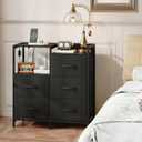 Somdot Black Nightstand with Charging Station and LED Light, Wide 5 Drawers Dresser for Bedroom with Fabric Bins and Open Shelf for Bedroom Kids Closet Dorm Guest Room, Black