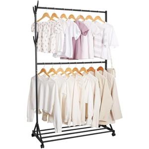Cozivolife Double Rod Clothing Garment Rack with Wheels and Hooks,Rolling Organizer with Shelves,Portable Coat Racks for Hanging Jacket,Bag,Hat,Black