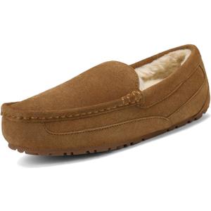 DREAM PAIRS Men's House Slippers Moccasin Indoor Outdoor Fuzzy Furry Loafers Suede Leather Warm Comfortable Shoes (12, Tan)