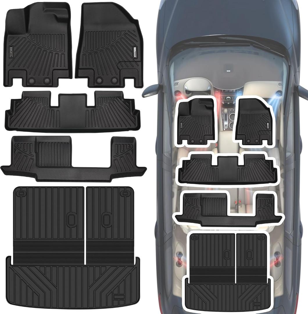 SHINJEW Floor Mat & Trunk mat Compatible with 2022-2024 2025 Nissan Pathfinder 8 Passenger/Infiniti QX60 7 Passenger, All Weather TPE Car Floor Liners Fit for Nissan Pathfinder Accessories,3 Rows